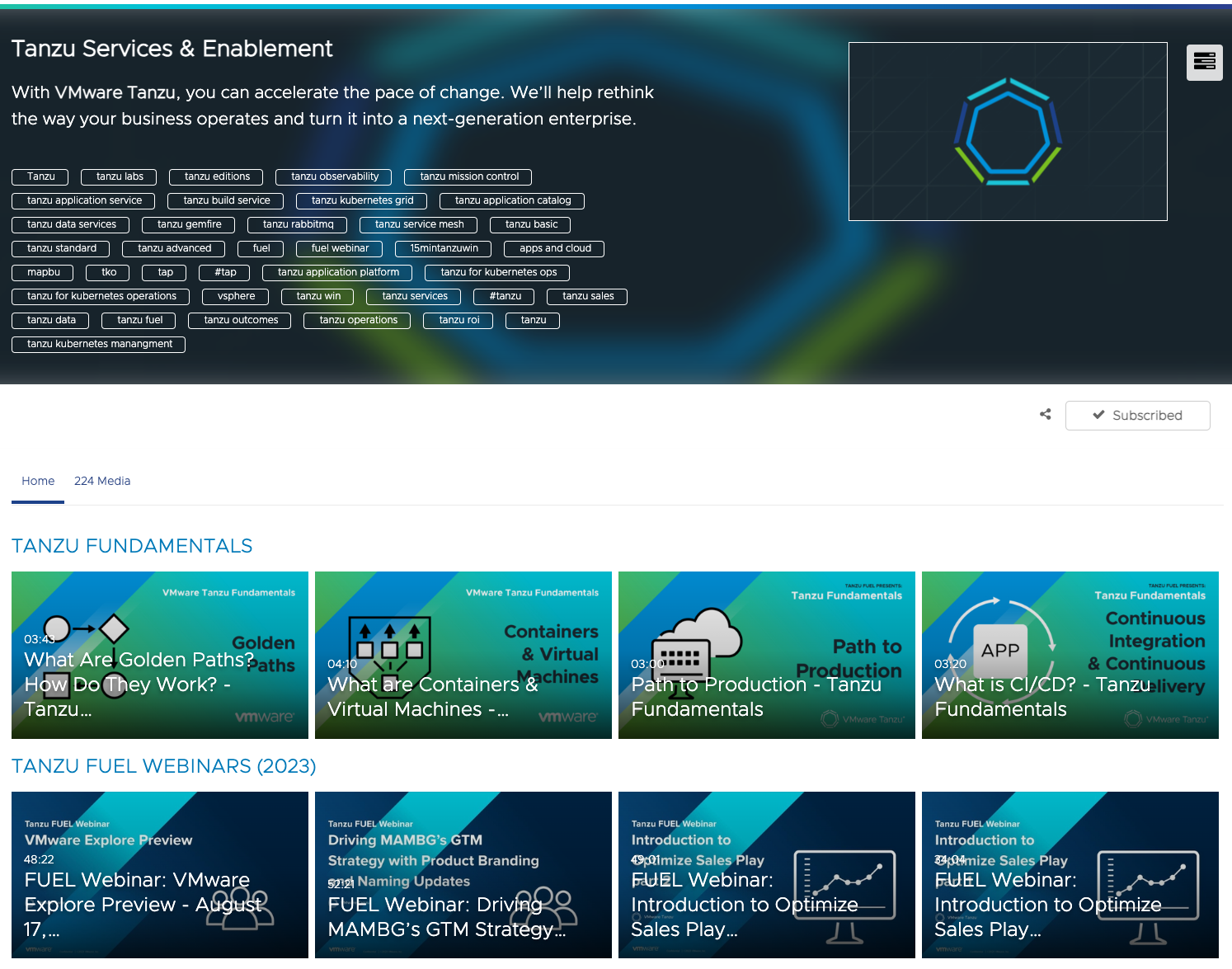 Tanzu Services & Enablement channel home page, showing the Tanzu Fundamentals and Tanzu FUEL Webinars video rows