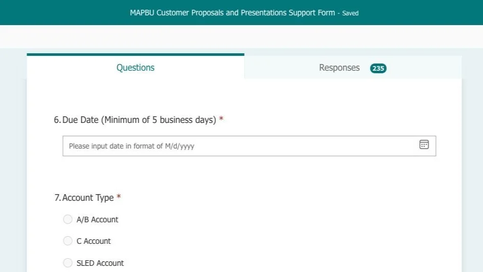 MAPBU Customer Proposals and Presentations Support Form — due date and account type questions