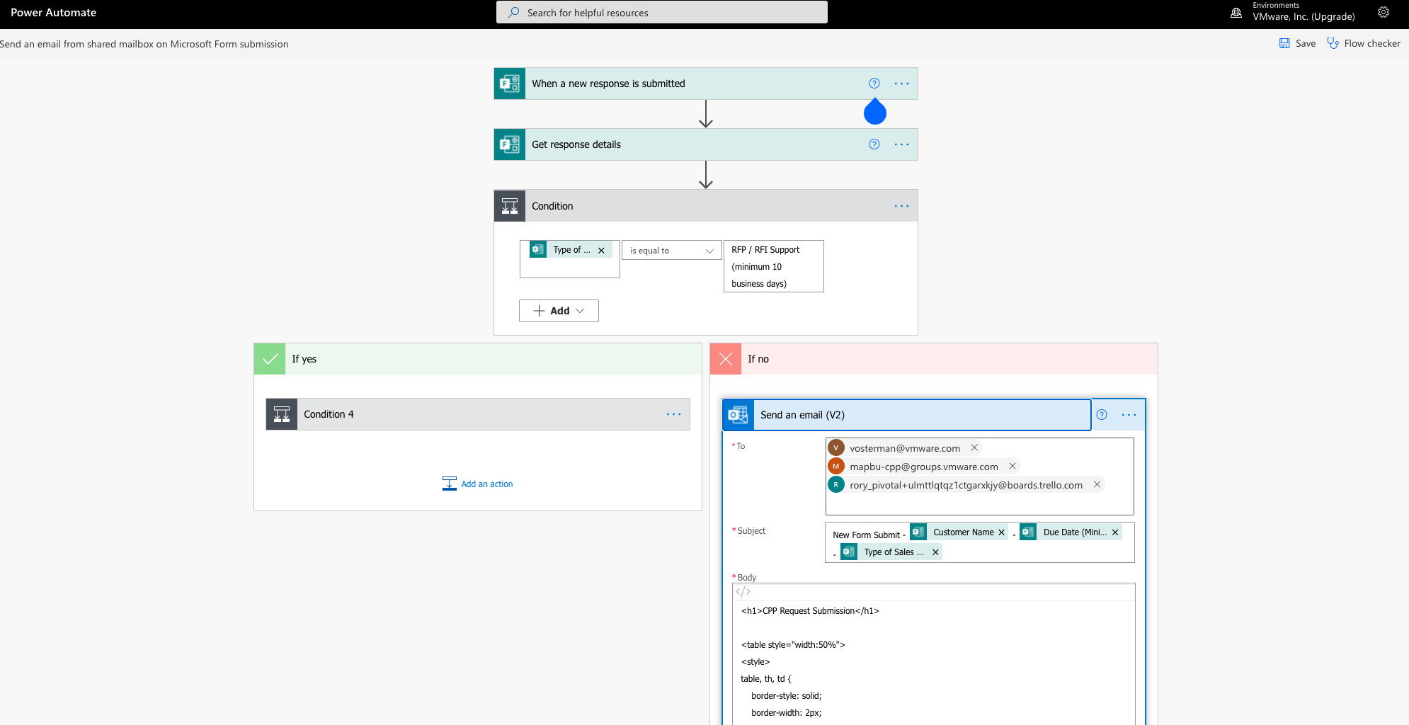 Power Automate flow routing new form submissions to an email notification